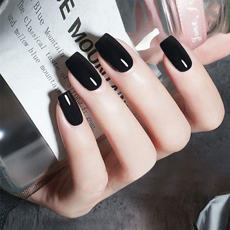 Gangel Black False Nails Square Fake Nails Medium Glossy Acrylic Full Cover Simple Press on Nails(24 pcs) - Image 1